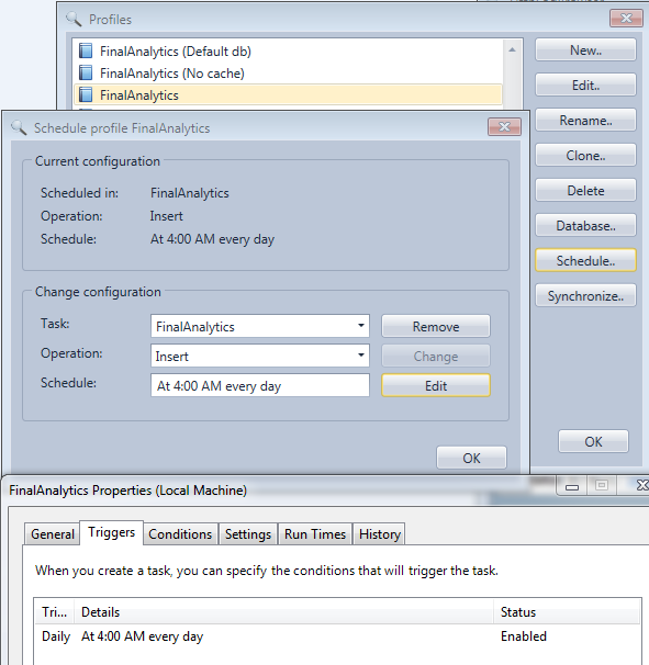 Schedule log file synchronization and datbase insertion for a profile in the HttpLogBrowser