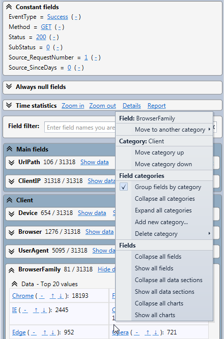 The field statistics panel in the HttpLogBrowser