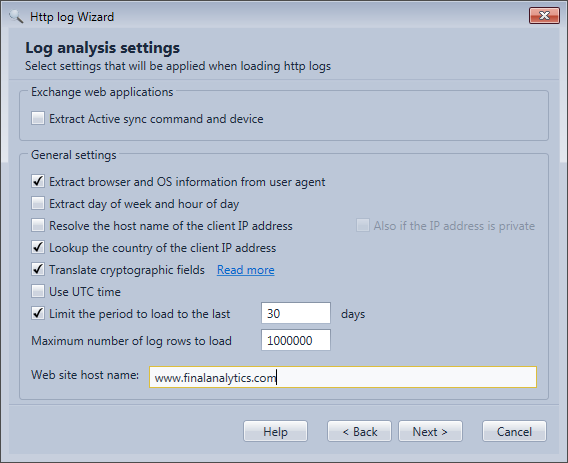 Log analysis settings general section in the HttpLogBrowser